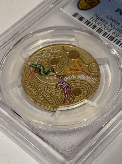 2025-P $1 One Dollar Ngana Nyitting Green Emu PCGS Graded MS69 Coloured Coin
