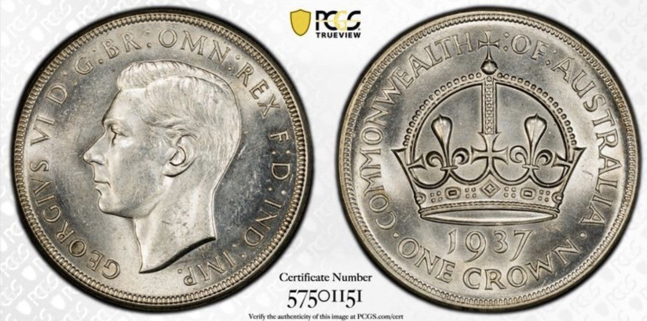 Australia 1937 Crown 5/- Five Shillings PCGS Graded MS63 Large Silver Coin