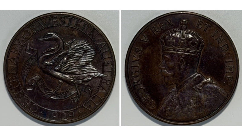 Western Australia 1929 UNC Copper Centenary Medal George V Left Facing Swan