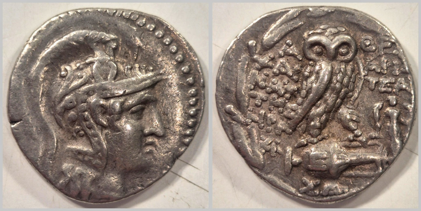 Ancient Greek Athena Owl Silver Tetradrachm Coin (circa 110 BC, New Style) gEF
