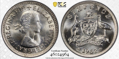 Australia 1962(m) Sixpence 6d PCGS Graded MS66 GEM Silver Coin