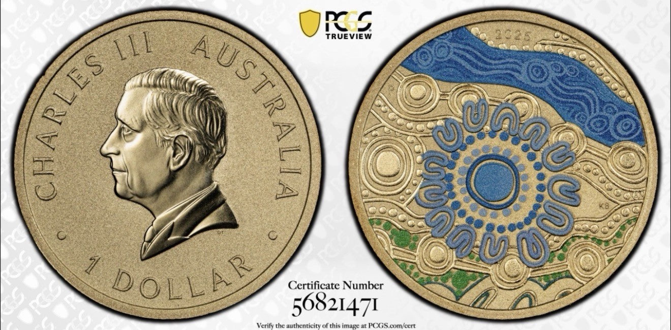 2025-P $1 One Dollar Ngana Nyitting Blue River PCGS Graded MS70 Coloured Coin