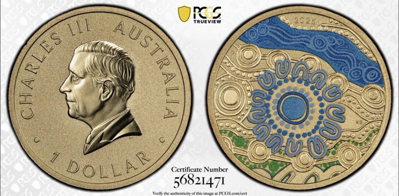 2025-P $1 One Dollar Ngana Nyitting Blue River PCGS Graded MS70 Coloured Coin