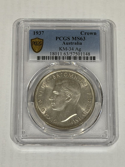 Australia 1937 Crown 5/- Five Shillings PCGS Graded MS63 Large Silver Coin