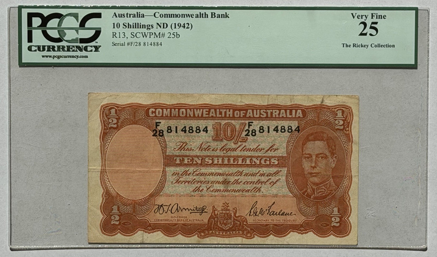 Australia 1942 Ten Shillings Armitage/Mcfarlane PCGS VF25 Banknote OGH Slab
