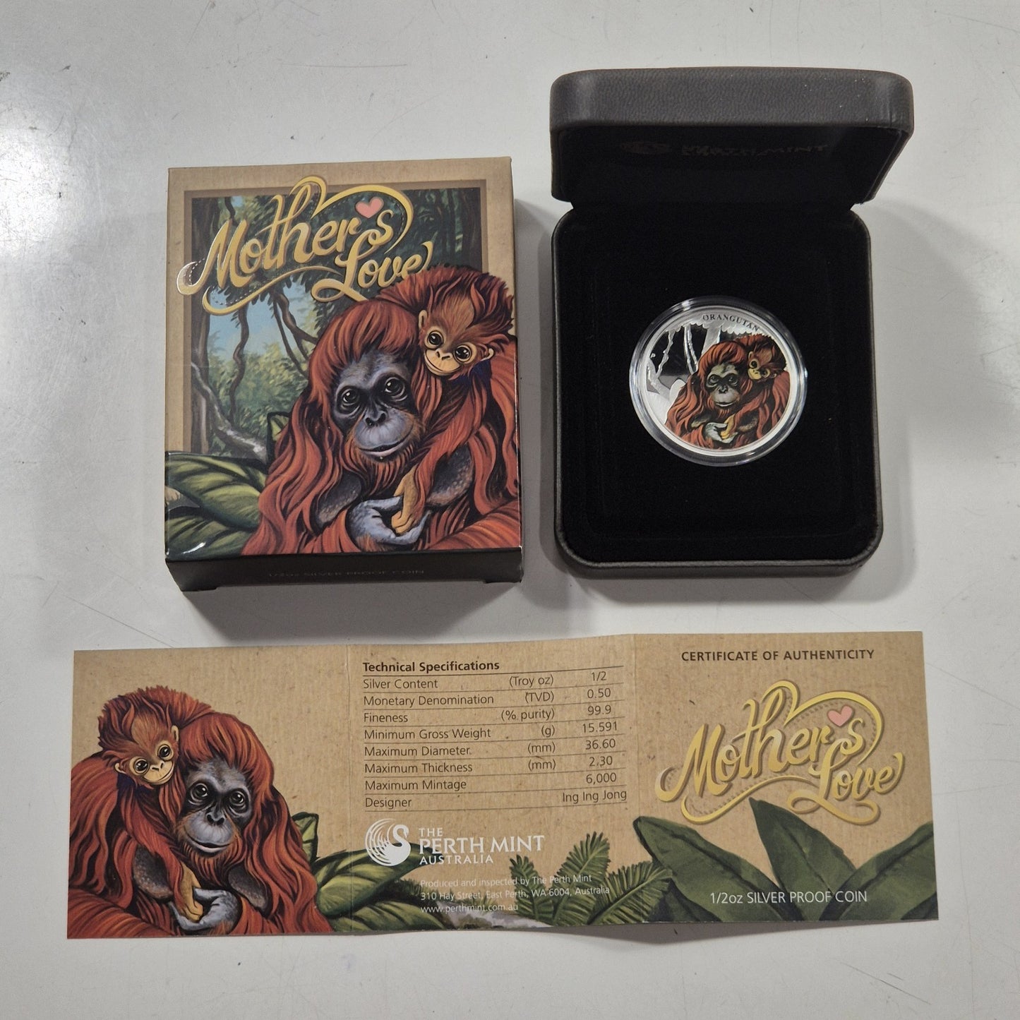 Tuvalu 2014 1/2oz 50c Silver Proof Coin Mother's Love Orangutan Signed Cert
