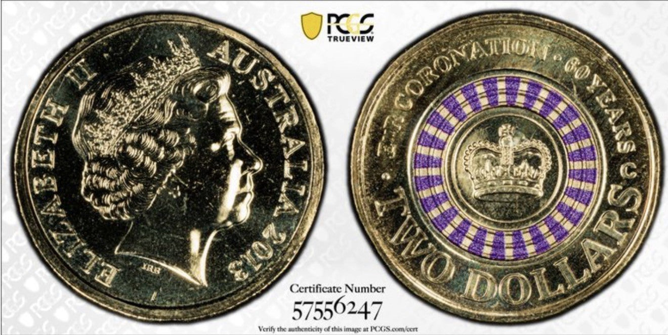 Australia 2013 C Mint Mark $2 Queen’s Coronation PCGS Graded MS68 Coloured Coin