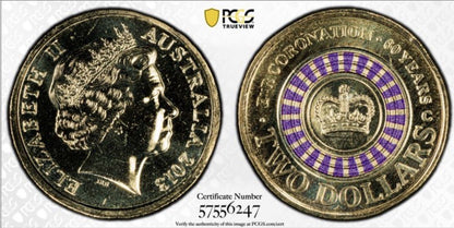 Australia 2013 C Mint Mark $2 Queen’s Coronation PCGS Graded MS68 Coloured Coin