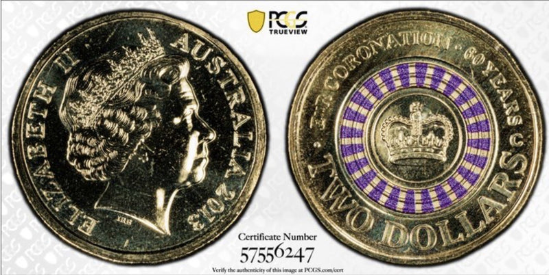 Australia 2013 C Mint Mark $2 Queen’s Coronation PCGS Graded MS68 Coloured Coin