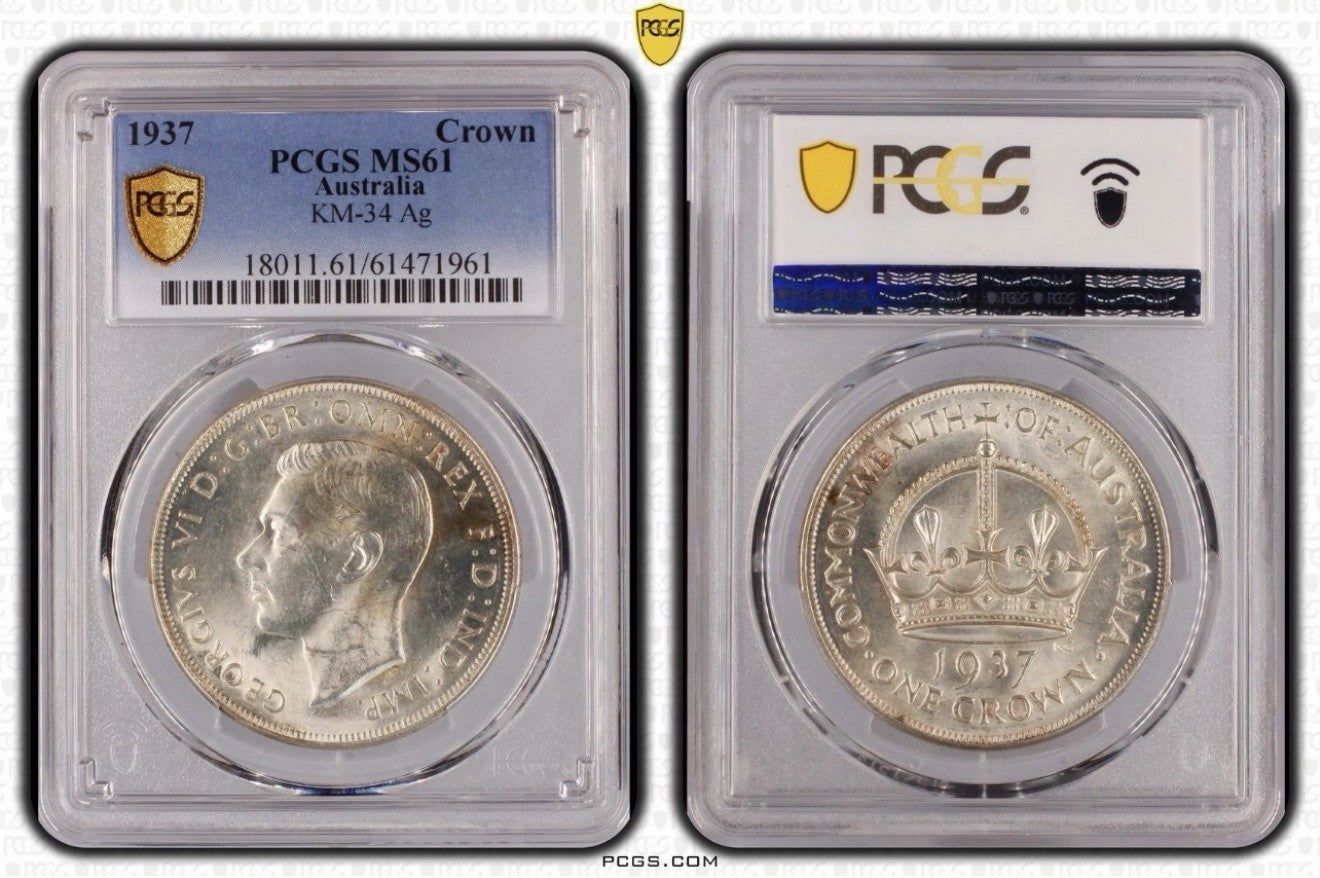Australia 1937 Crown 5/- “Dot Under i” Variety PCGS Graded MS61 UNC Silver Coin