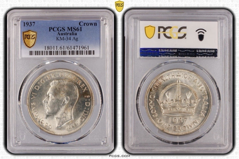 Australia 1937 Crown 5/- “Dot Under i” Variety PCGS Graded MS61 UNC Silver Coin