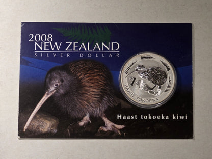 New Zealand 2008 Silver Dollar Haast Tokoeka Kiwi 1oz 999 Silver Coin