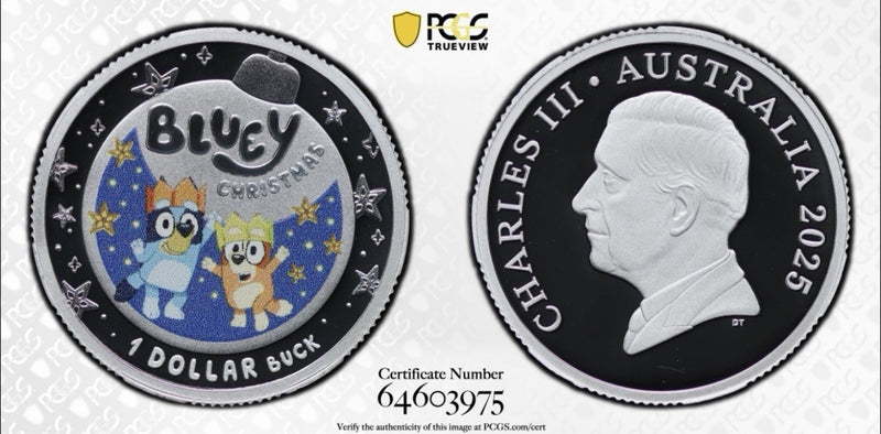 Australia 2025 $1 Bluey Christmas PCGS Graded PR70DCAM Coloured Silver Proof