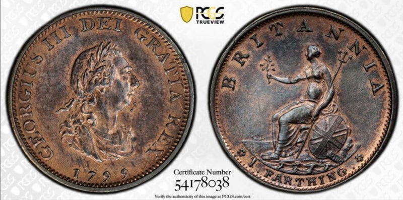Great Britain 1799 Farthing 1/4d PCGS Graded MS62RB Red Brown UNC Copper Coin