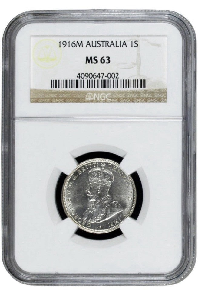 Australia 1916 One Shilling 1/- NGC Graded MS63 KGV UNC Silver Coin
