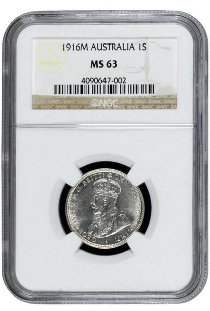 Australia 1916 One Shilling 1/- NGC Graded MS63 KGV UNC Silver Coin