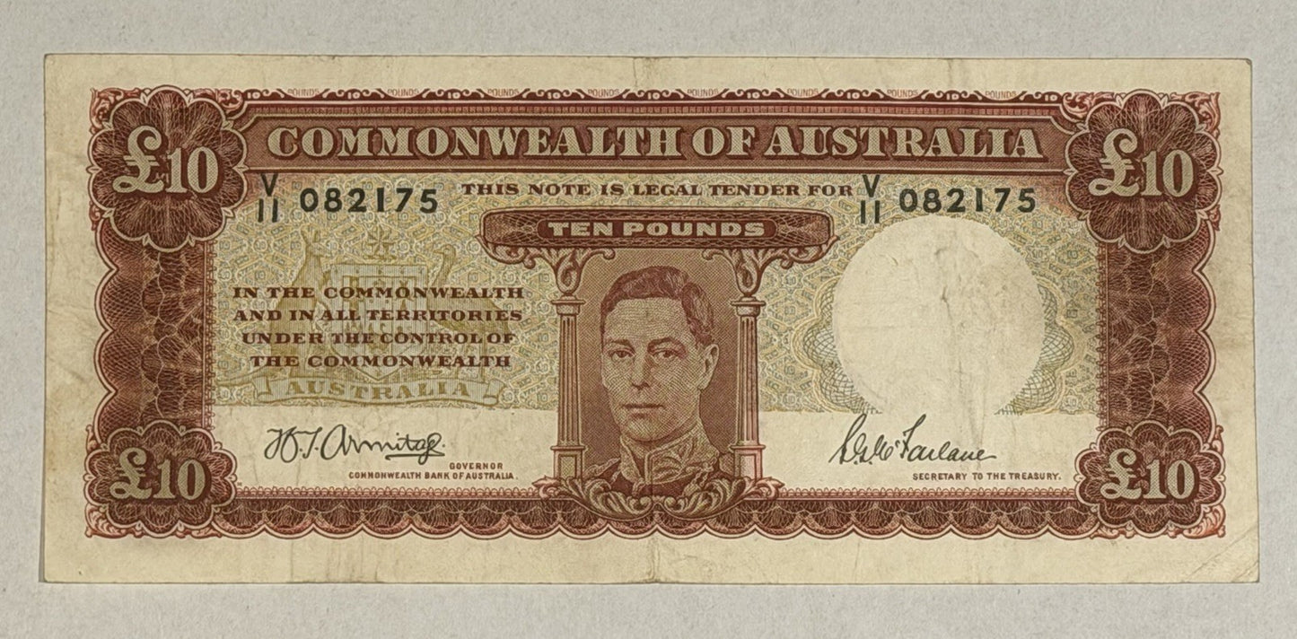 Australia 1943 £10 Ten Pound Armitage/McFarlane KGV Paper Banknote VF