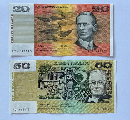 Australia $20 Twenty & $50 Fifty Dollar Paper Banknote ONE OF EACH Circ Pair 💸