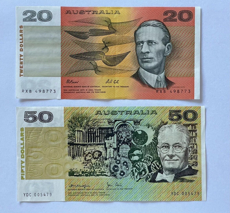 Australia $20 Twenty & $50 Fifty Dollar Paper Banknote ONE OF EACH Circ Pair 💸