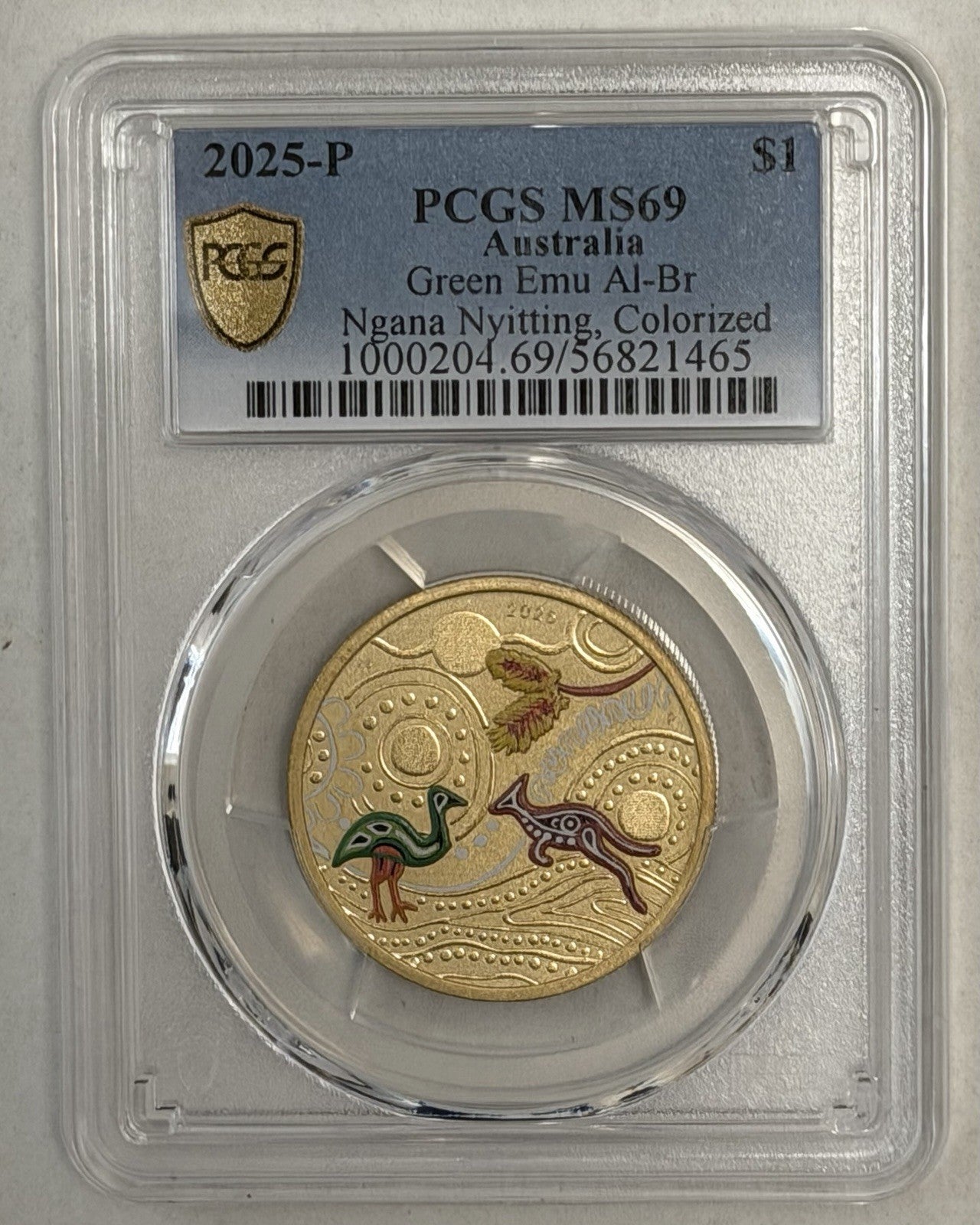 2025-P $1 One Dollar Ngana Nyitting Green Emu PCGS Graded MS69 Coloured Coin