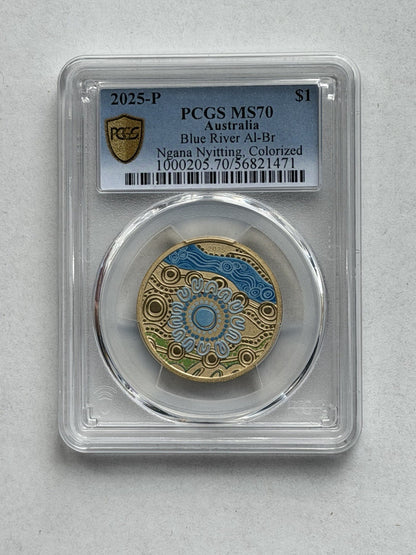 2025-P $1 One Dollar Ngana Nyitting Blue River PCGS Graded MS70 Coloured Coin