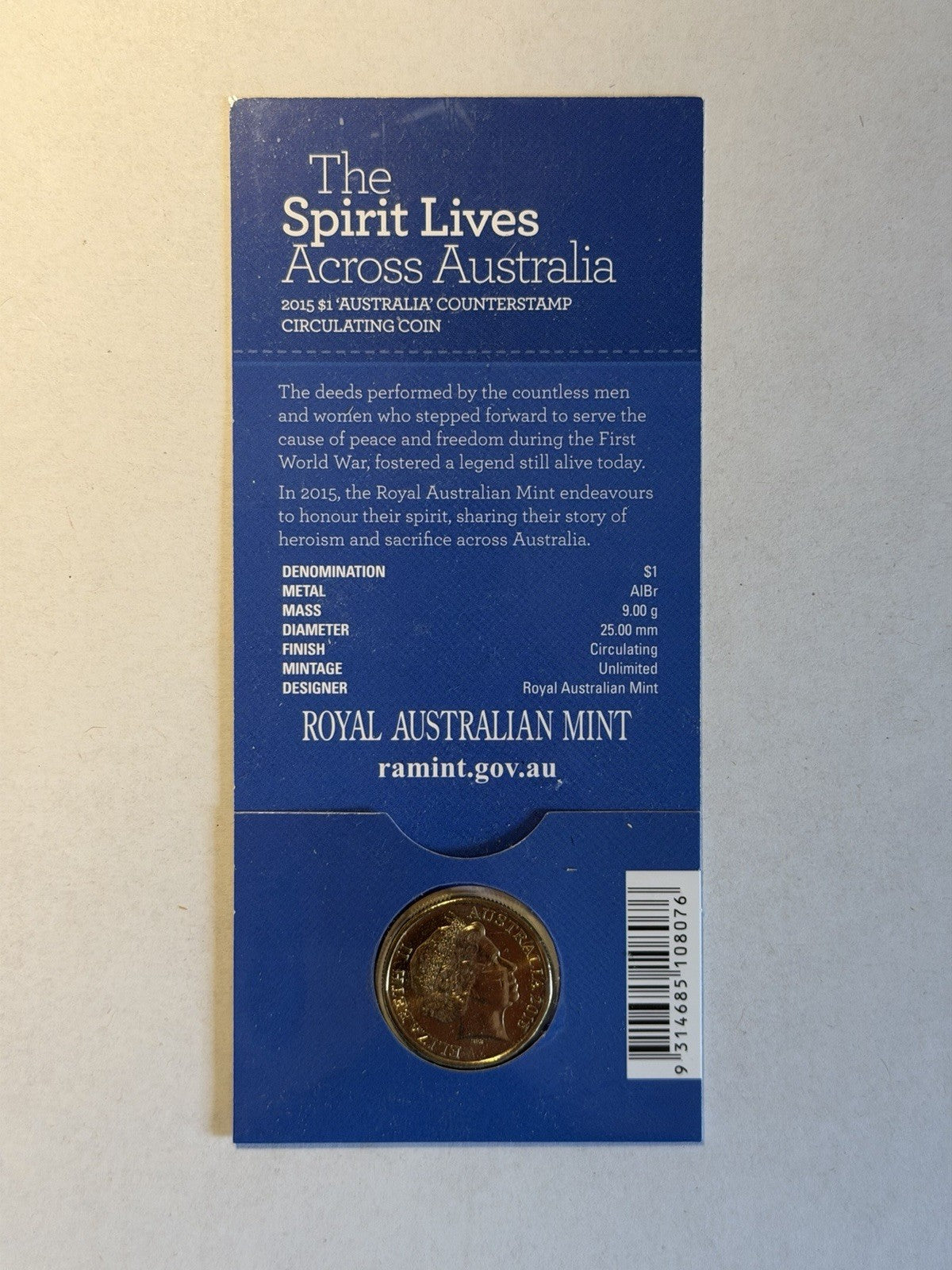 The Spirit Lives Across Australia 2015 $1 One Dollar Counterstamp RAM Card