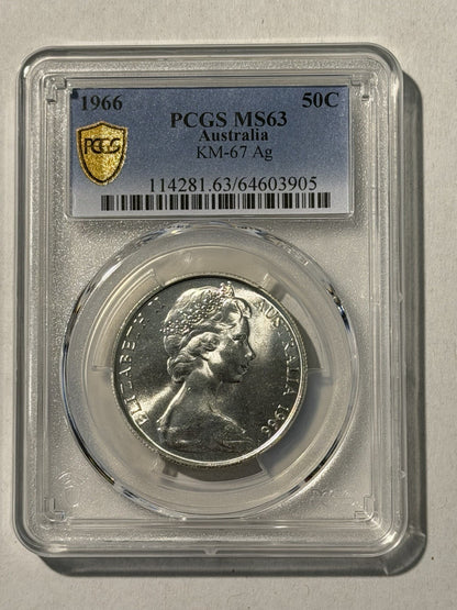 Australia 1966 Round 50c Fifty Cent PCGS Graded MS63 UNC 80% Silver Coin