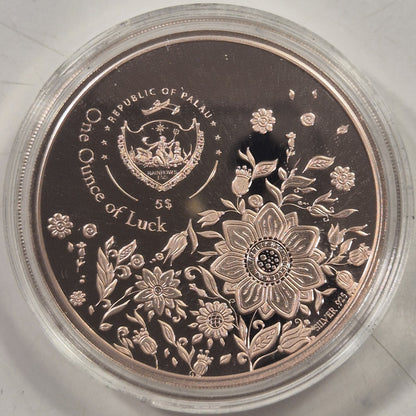 2022 Palau $5 1oz Four Leaf Clover Luck Silver Proof Rose Gold Gilded Coin Cased