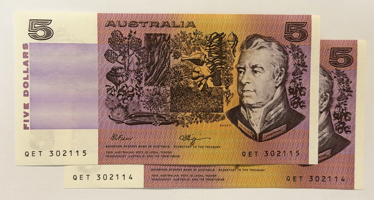 Consecutive Pair UNC Australia 1990 $5 Dollars Fraser/Higgins Paper Banknote