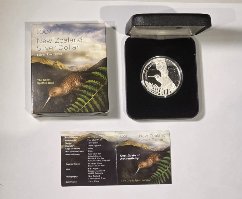 New Zealand 2007 Silver Dollar The Great Spotted Kiwi 1oz 999 Silver Proof Coin