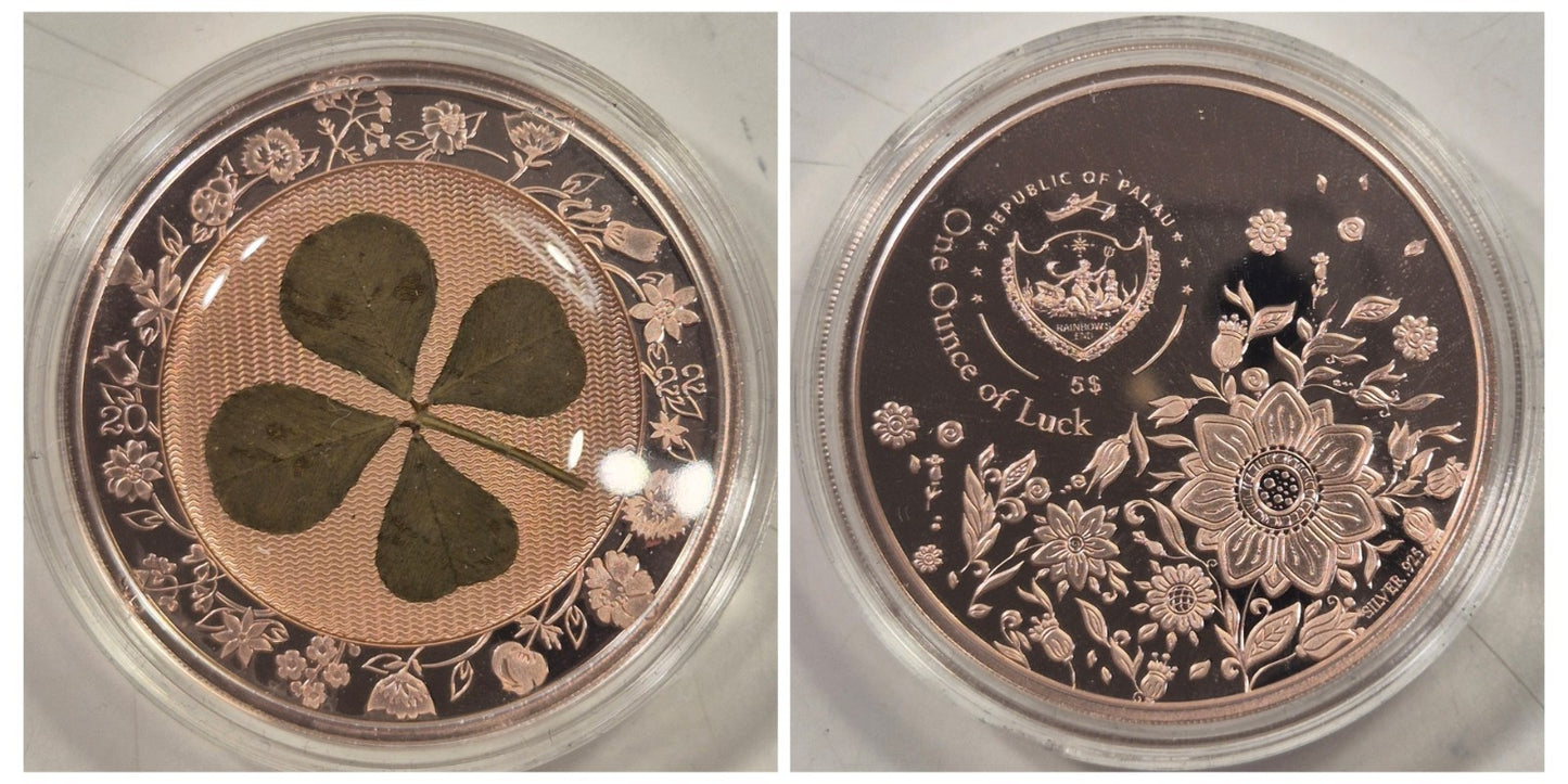 2022 Palau $5 1oz Four Leaf Clover Luck Silver Proof Rose Gold Gilded Coin Cased