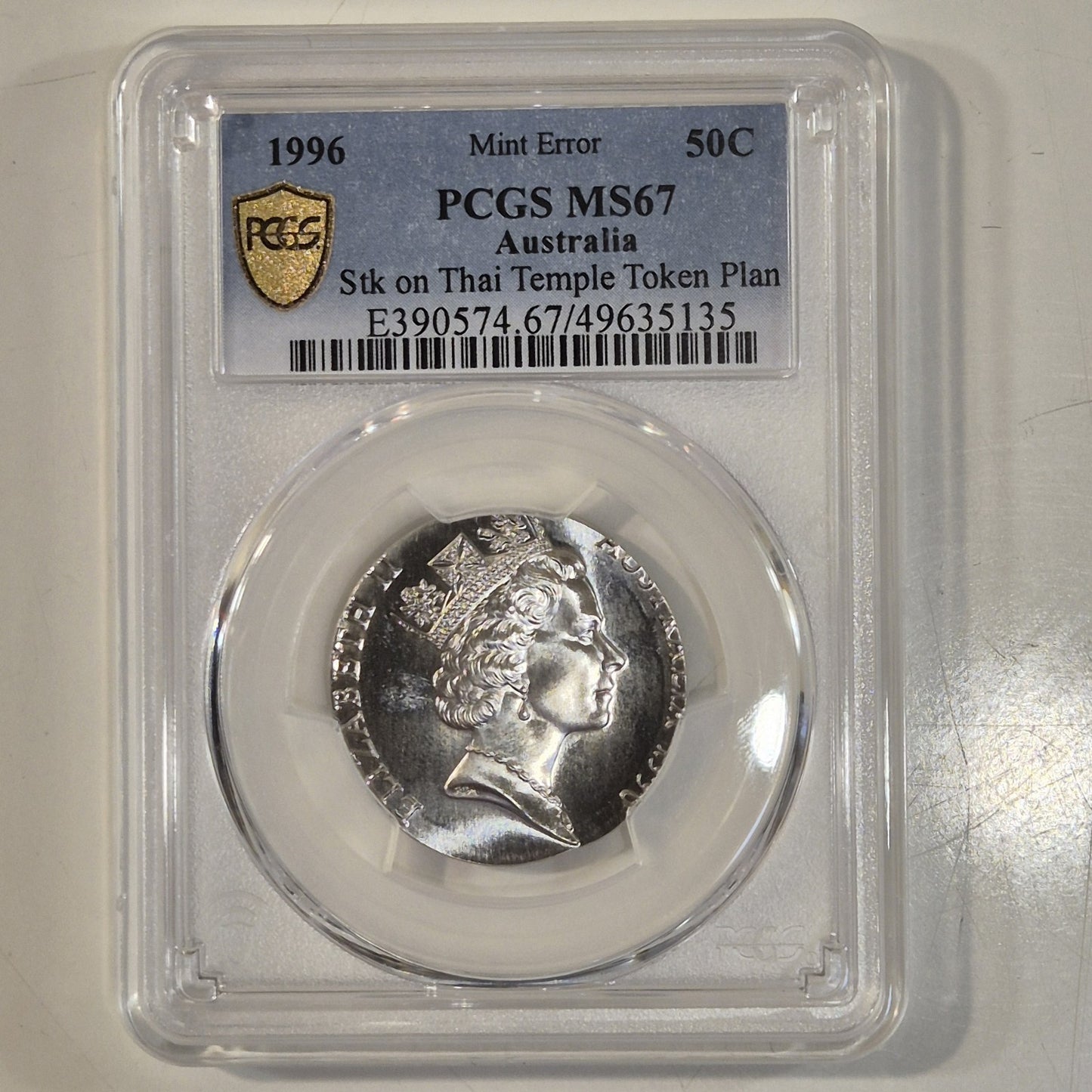Australia 1996 50c Fifty Cents Error Struck On Thai Temple Planchet PCGS MS67