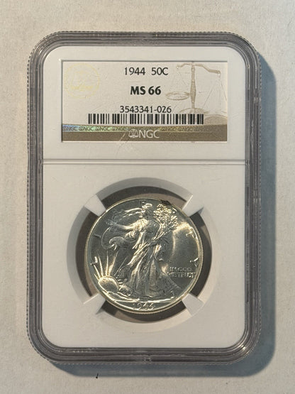 United States USA 1944 Walking Liberty Half Dollar 50c NGC Graded MS66 GEM Coin