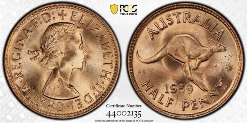 Australia 1959(m) Half Penny 1/2d PCGS Graded MS65RD Red Copper Coin