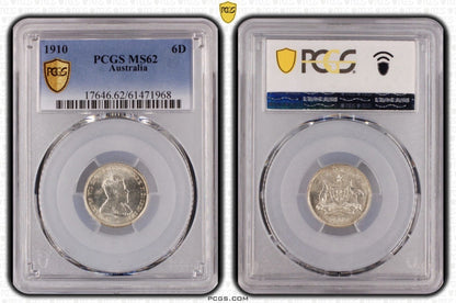 Australia 1910 6d Sixpence PCGS Graded MS62 UNC Silver Coin