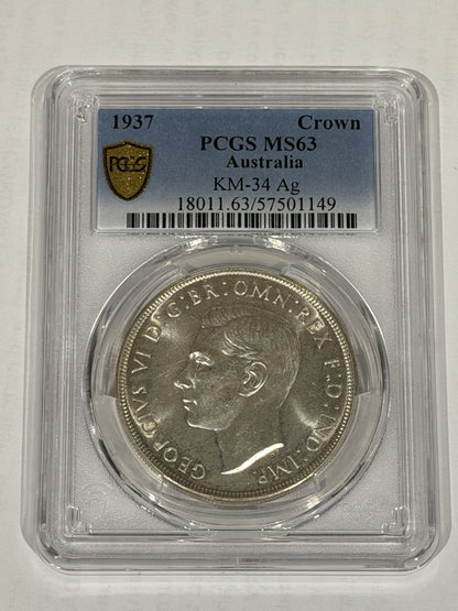 Australia 1937 Crown 5/- Five Shillings PCGS Graded MS63 Large Silver Coin