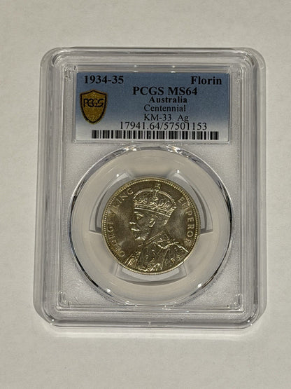 Australia 1934-35 Melbourne Centenary Florin 2/- PCGS Graded MS64 Silver Coin