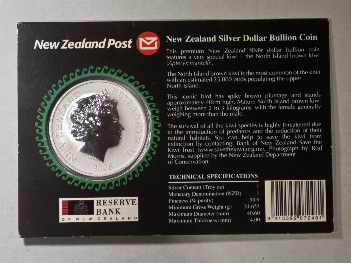New Zealand 2006 Silver Dollar North Island Brown Kiwi 1oz 999 Silver Coin