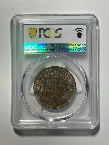 Australia 1911(L) One Penny 1d PCGS Graded MS64RB Coin Choice UNC KGV