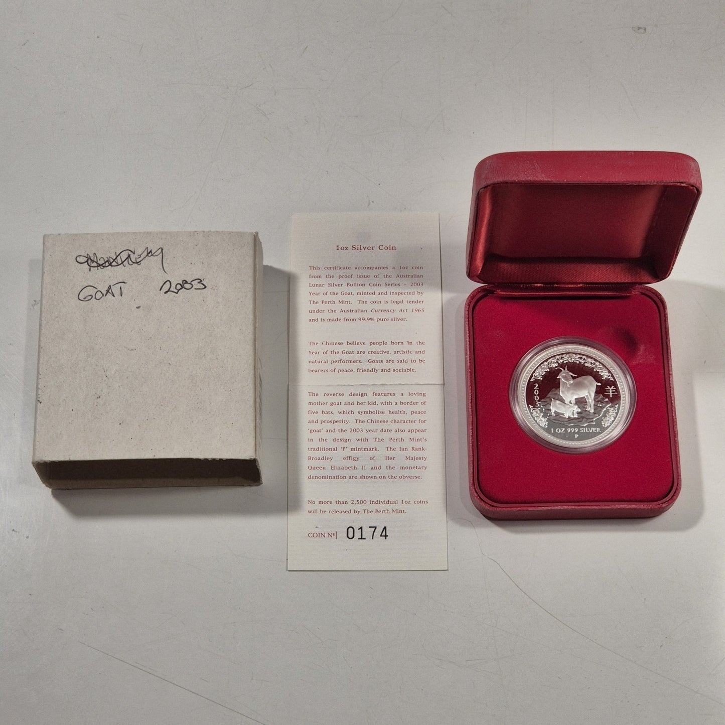 2003 Australia Perth Mint Lunar Goat 1oz $1 Series I Silver Proof coin
