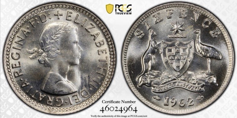 Australia 1962(m) Sixpence 6d PCGS Graded MS66 GEM Silver Coin