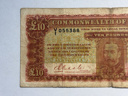Australia 1934 Ten Pound £10 Riddle/Sheehan Paper Banknote Very Good Tear