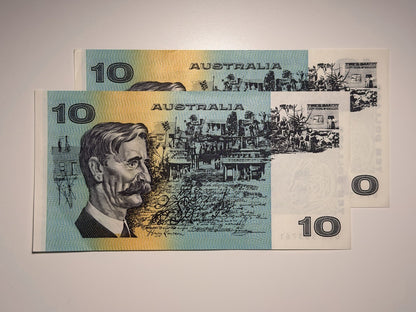Consecutive Pair UNC Australia 1991 $10 Dollars Johnston/ Fraser Paper Banknote