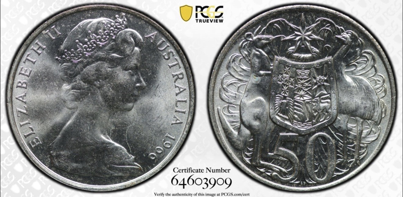 Australia 1966 Round 50c Fifty Cent PCGS Graded MS64 UNC 80% Silver Coin
