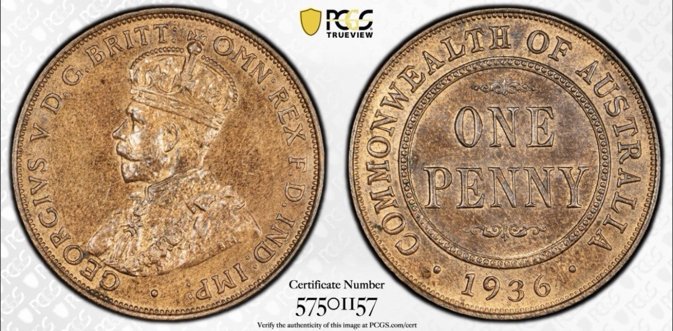 Australia 1936(m) One Penny 1d PCGS Graded MS63RB UNC Copper Coin