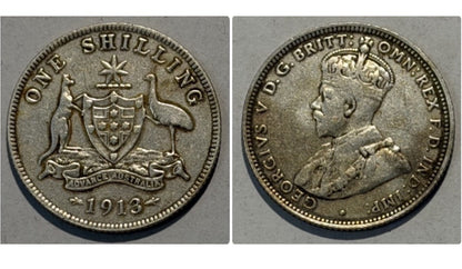 Australia 1913 One Shilling 1/- Fine F Silver Coin KGV