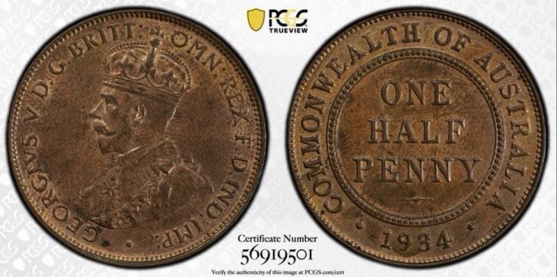 Australia 1934 One Half Penny 1/2d PCGS Graded MS63BN Copper Coin