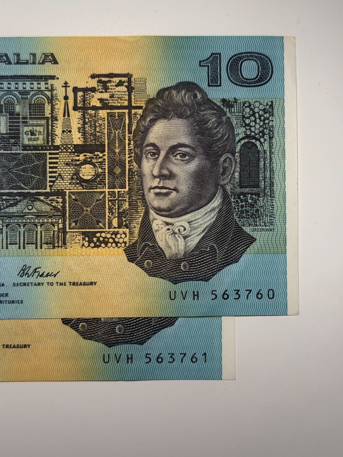 Consecutive Pair UNC Australia 1991 $10 Dollars Johnston/ Fraser Paper Banknote