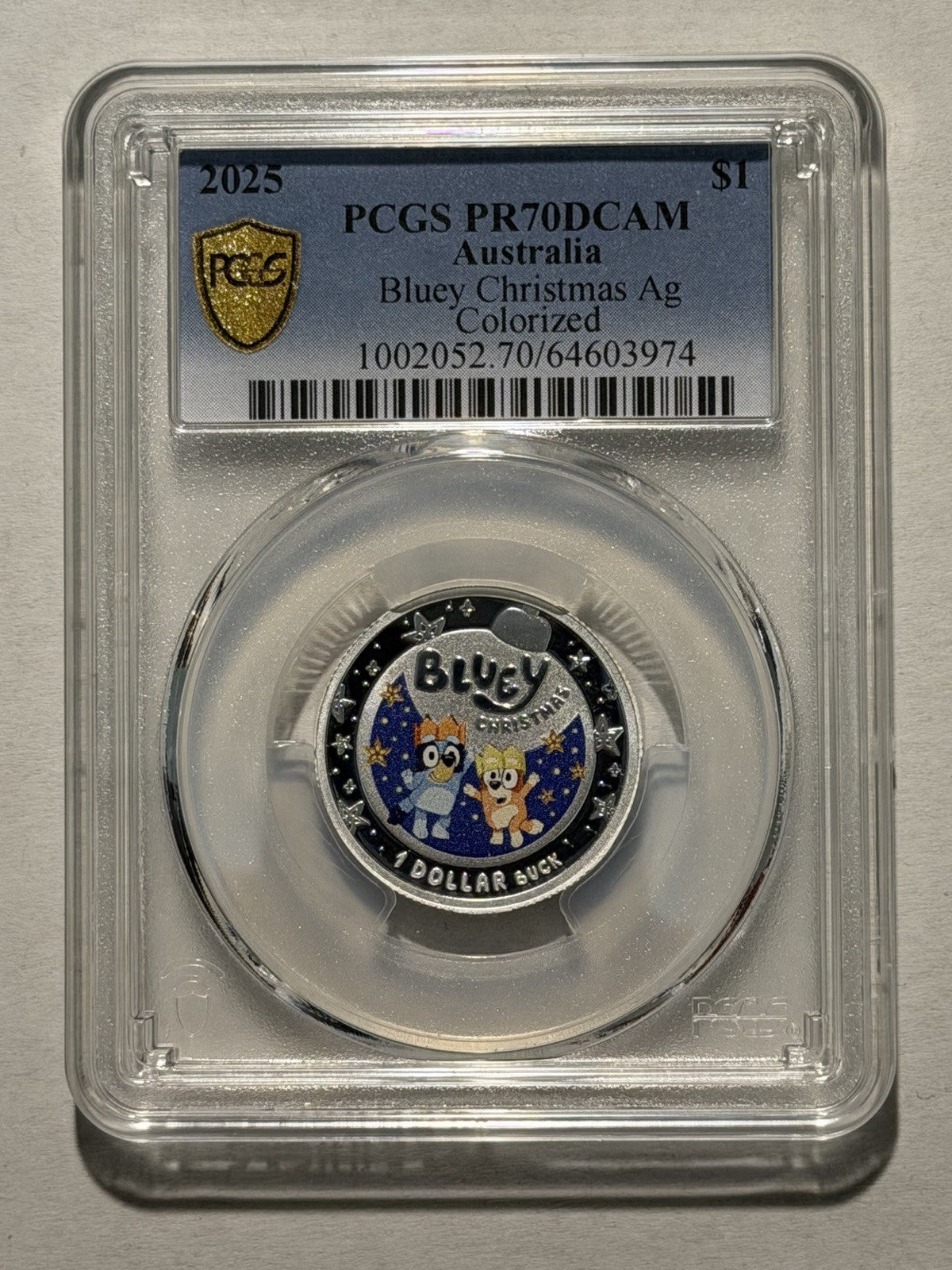 Australia 2025 $1 Bluey Christmas PCGS Graded PR70DCAM Coloured Silver Proof