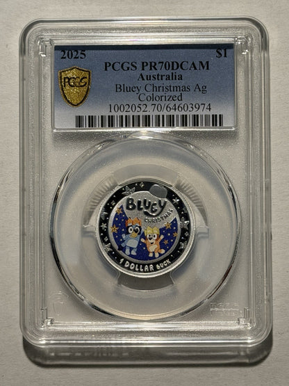 Australia 2025 $1 Bluey Christmas PCGS Graded PR70DCAM Coloured Silver Proof